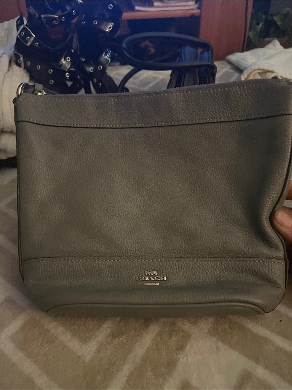 Coach Pebbled Leather Messenger Bag — Gray